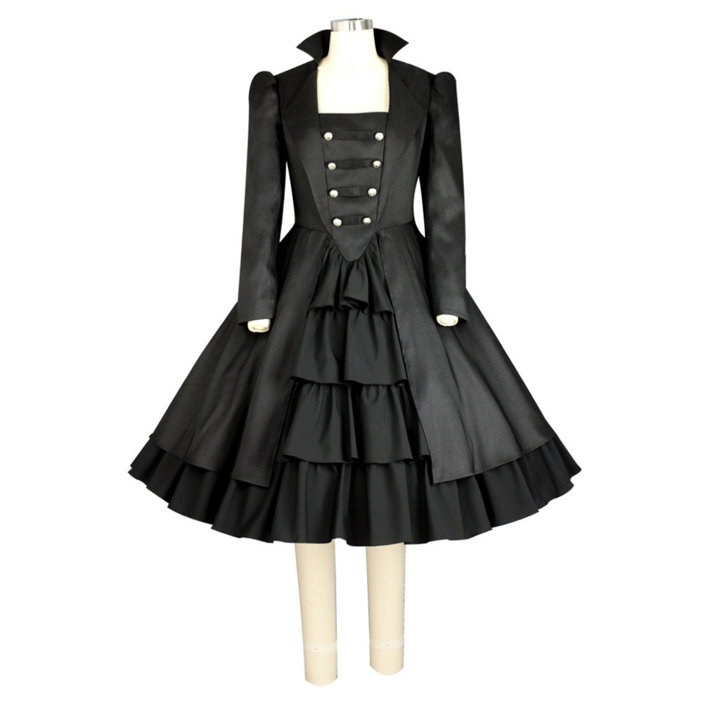 Plus Size Long Sleeve Ruffle Goth Dress Black 18 - Picture 6 of 7